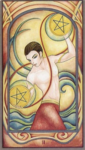 The Two of Pentacles from the Fenestra Tarot