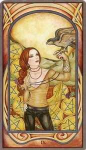 The Nine of Pentacles from the Fenestra Tarot