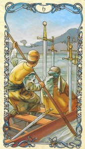 The Six of Swords from the Mucha Tarot