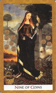 The Nine of Pentacles from the Golden Tarot Deck