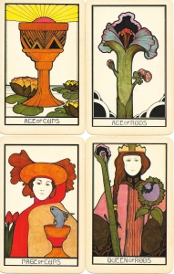 Ace of Cups and Wands, Page of Cups, Queen of Wands from the <a target="_blank" href="https://www.amazon.com/gp/product/0913866695/ref=as_li_tl?ie=UTF8&camp=1789&creative=9325&creativeASIN=0913866695&linkCode=as2&tag=bohem04-20&linkId=b90da56e27529d9d4e347ed1e96be37e">Aquarian Tarot</a><img src="//ir-na.amazon-adsystem.com/e/ir?t=bohem04-20&l=am2&o=1&a=0913866695" width="1" height="1" border="0" alt="" style="border:none !important; margin:0px !important;" /> at www.BohemianPathTarot.com