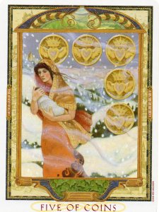 The Five of Pentacles from the Lover's Path Tarot at www.BohemianPathTarot.wordpress.com